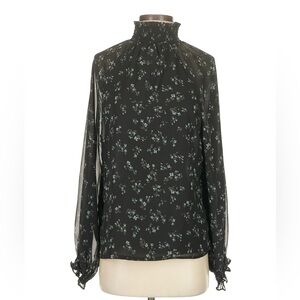 Signature Reitmans Sheer Floral High-Neck Blouse - Black with Teal Floral